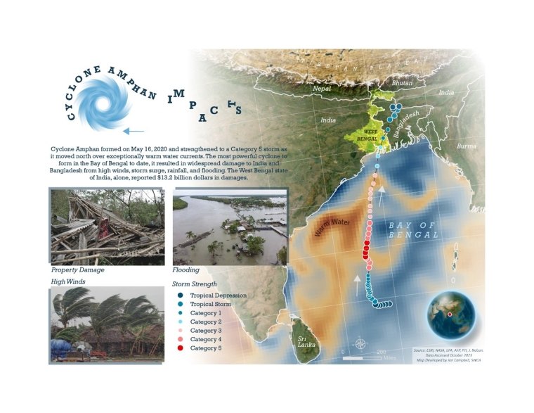 2023 Map Contest Winner by Jon Campbell. Winning map showcases the impact of Cyclone Amphan on India and Bangladesh that formed in May of 2020.