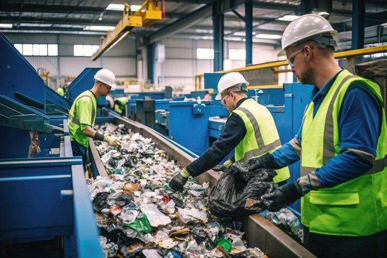 Workers sort through garbage on a conveyor.