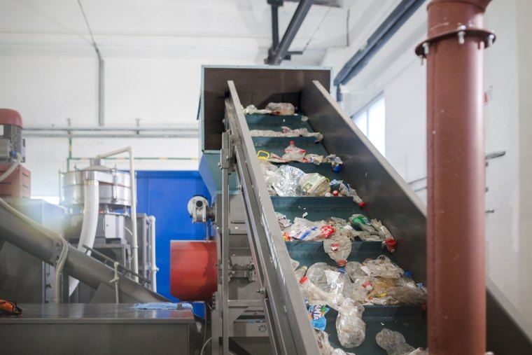 production line for the processing of plastic waste in a factory