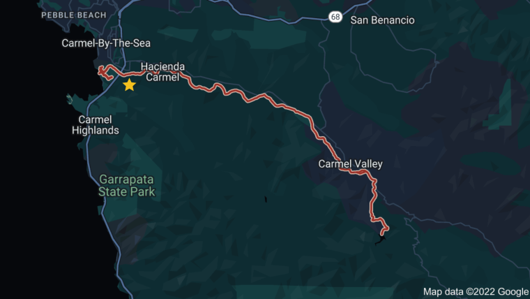 Map of the Carmel River (red) and the Rancho Cañada unit of the Palo Corona Regional Park (yellow). 
