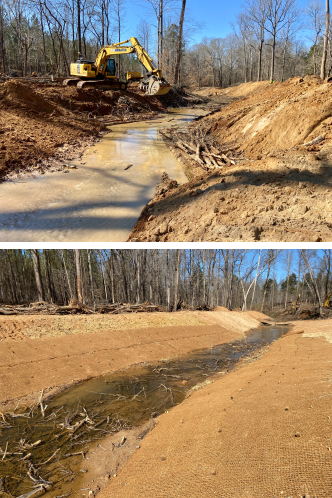 Image showing the first step of implementing the restoration plan included reconfiguring Gregorys Creek to be a more stable and healthier stream shape. The image shows our crew grading back the banks and reestablishing a low floodplain.