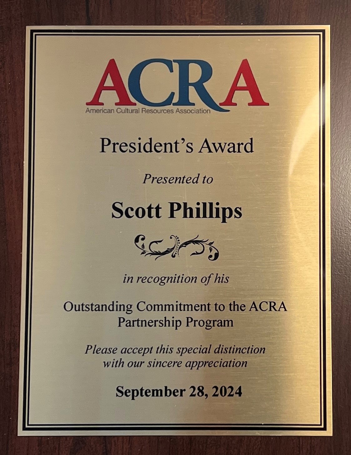 Scott Phillips' ACRA President's Award plaque
