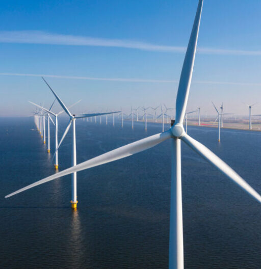 Aerial view of wind turbines at sea, North Holland, Netherlands