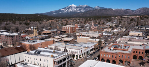 Morning aerial view of the historic downtown district of Flagstaff, Arizona, USA.