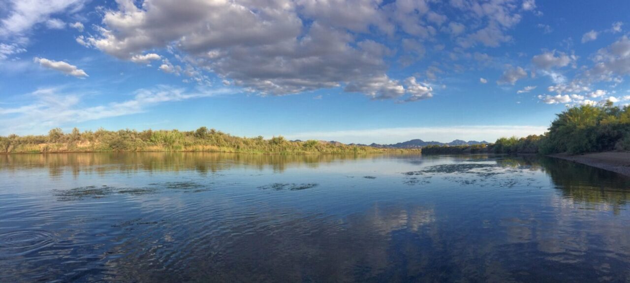 Low-angle view of a calm river with clouds reflected, green banks, and distant mountains.
