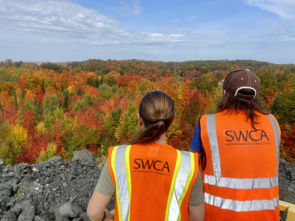 Two SWCA employees wearing safety vests sitting on a ledge overlooking colorful trees that include shades of green, yellow, orange.