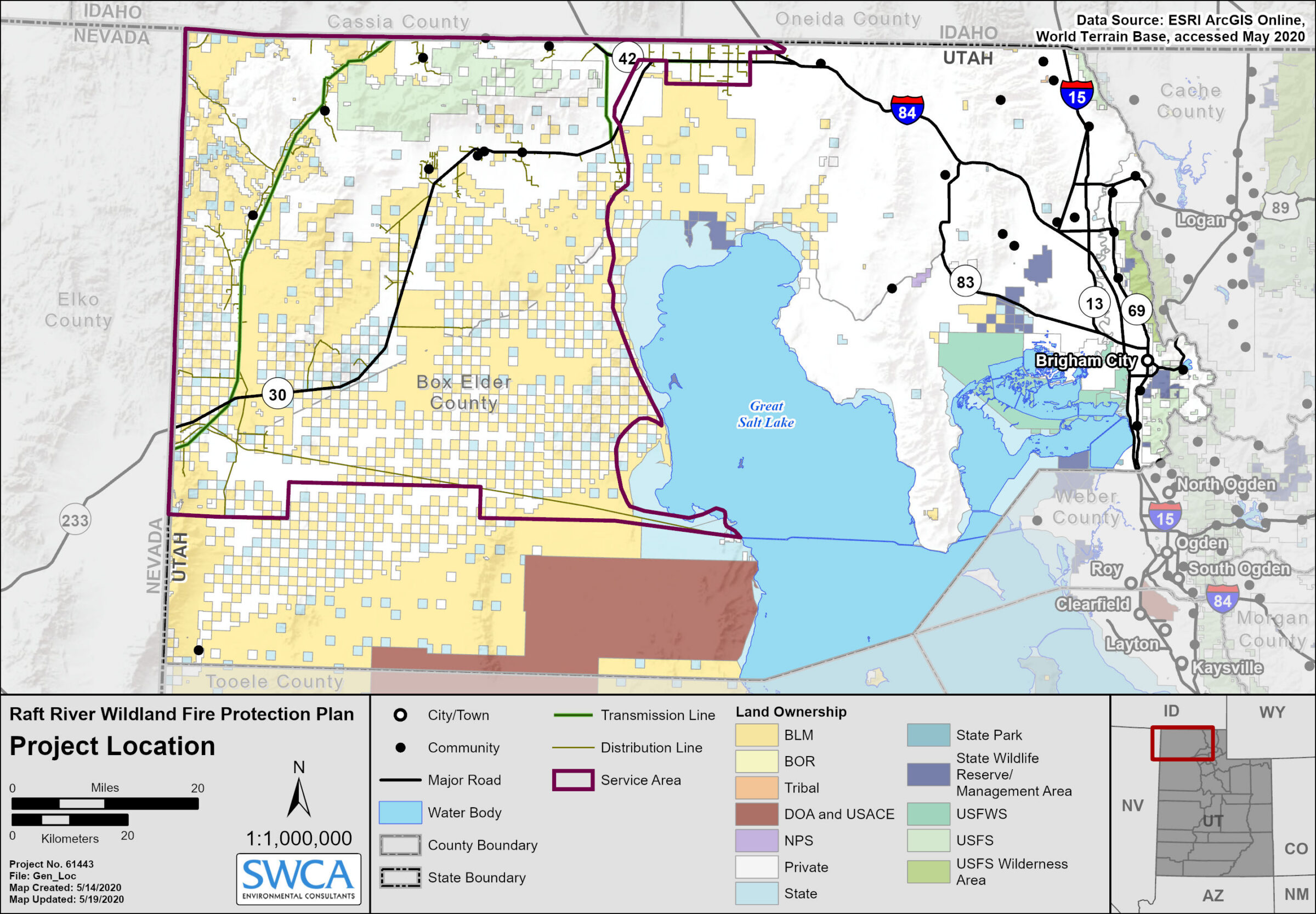 Figure 1. General project location, showing Raft River Rural Electric Cooperative's infrastructure, service area, and land ownership. 