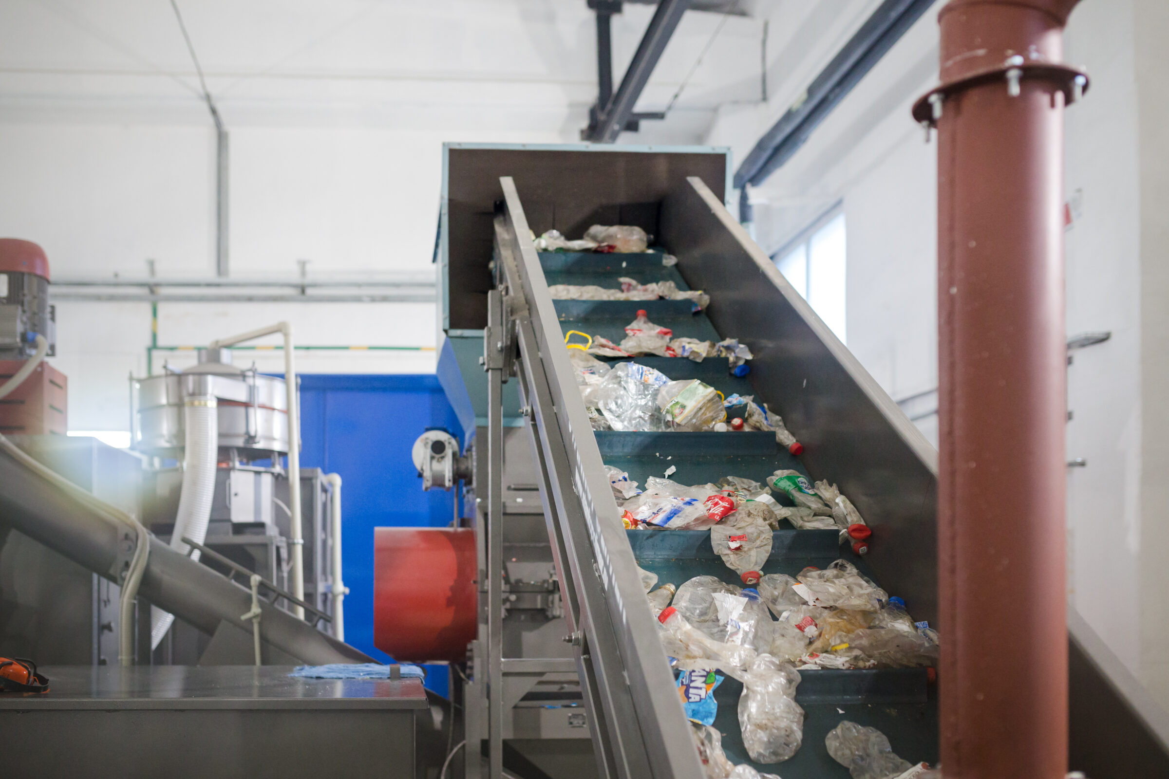 production line for the processing of plastic waste in a factory