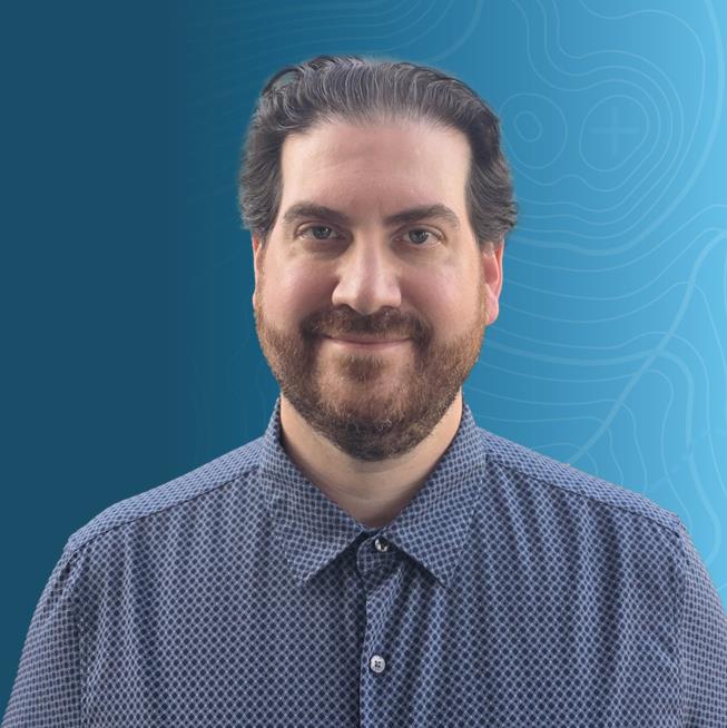 Headshot of Andrew Vorsanger on a blue topographic map background. 