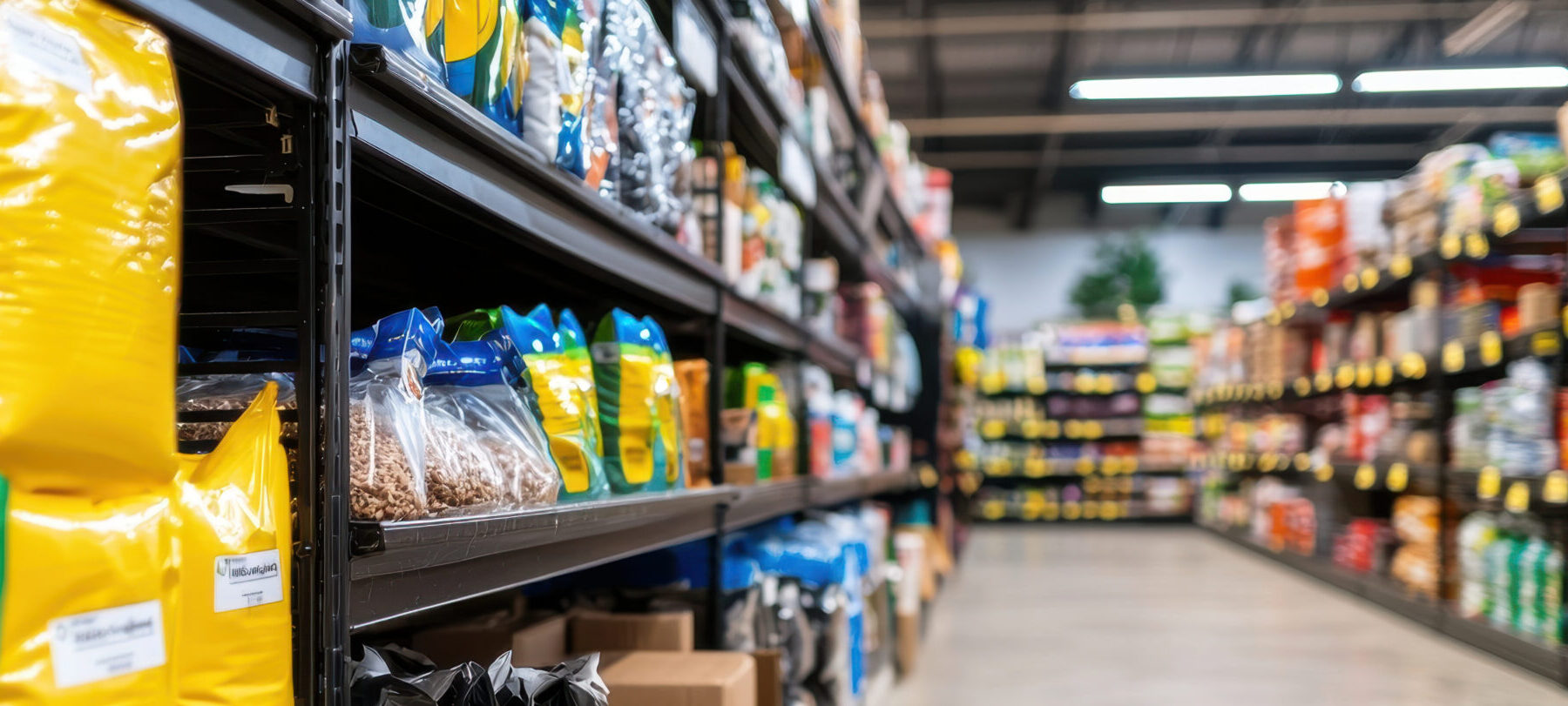 A pet supply store aisle filled with colorful products and vibrant packaging