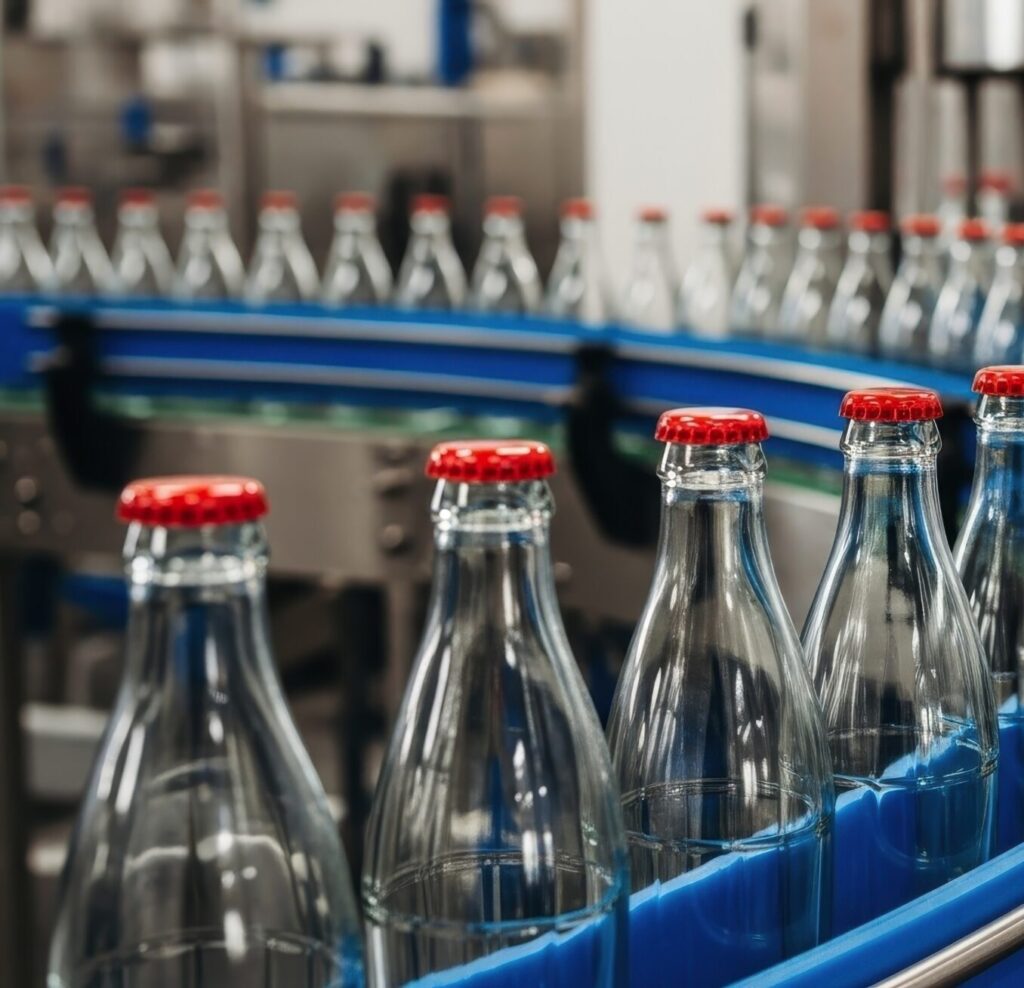 Clear glass bottles with red caps on a blue conveyor belt in a beverage bottling factory, illustrating industrial production and automation.