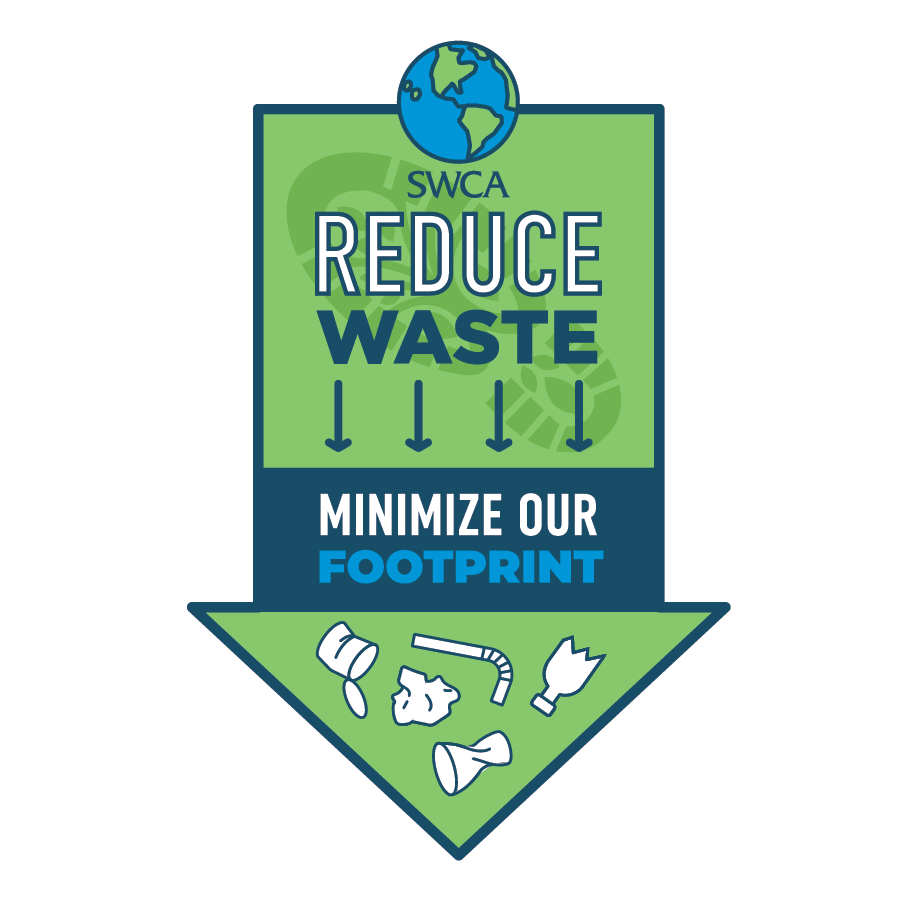 Sticker with the words "SWCA reduce waste. Minimize our Footprint". With the earth and small icons of waste.