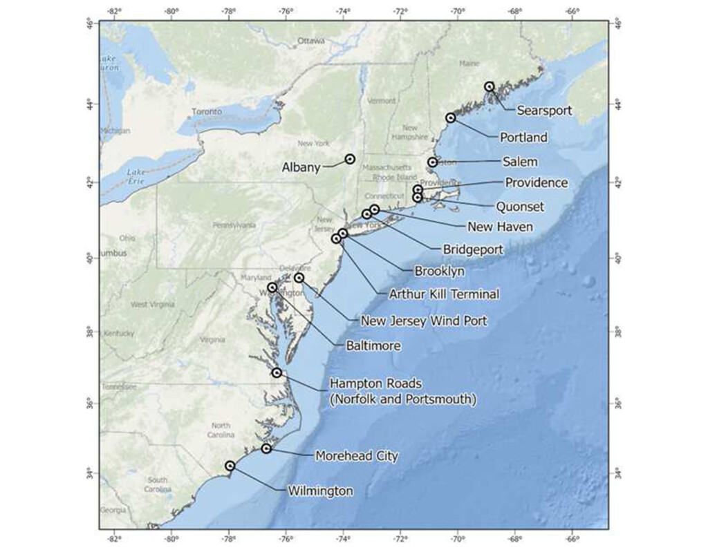 A map showing the 16 ports identified along the Atlantic coast.