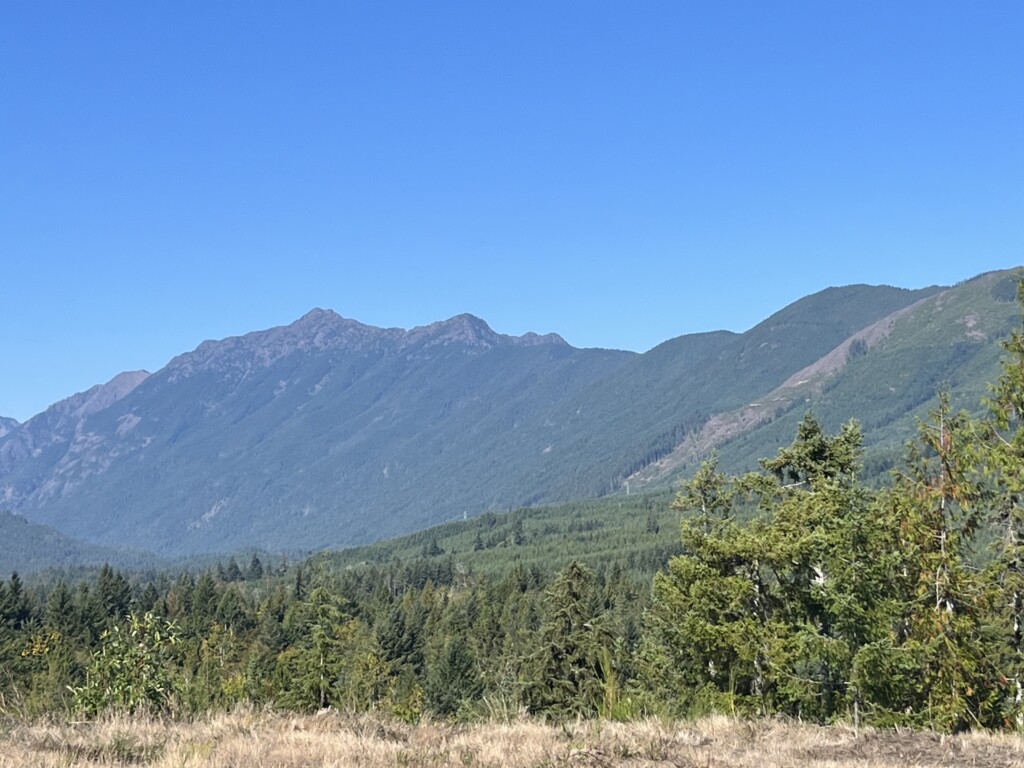 A valley being shown between two mountains with trees and vegetation in between and on the mountains.