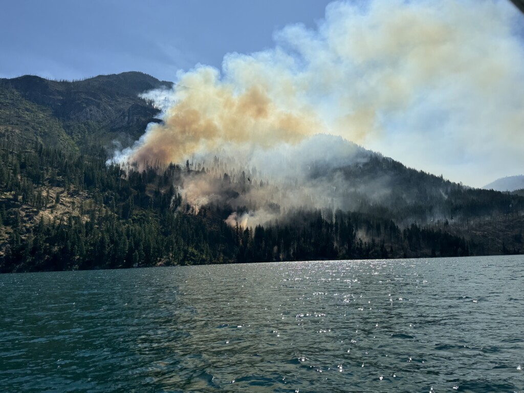 A fire is shown burning through a forest near the shore.