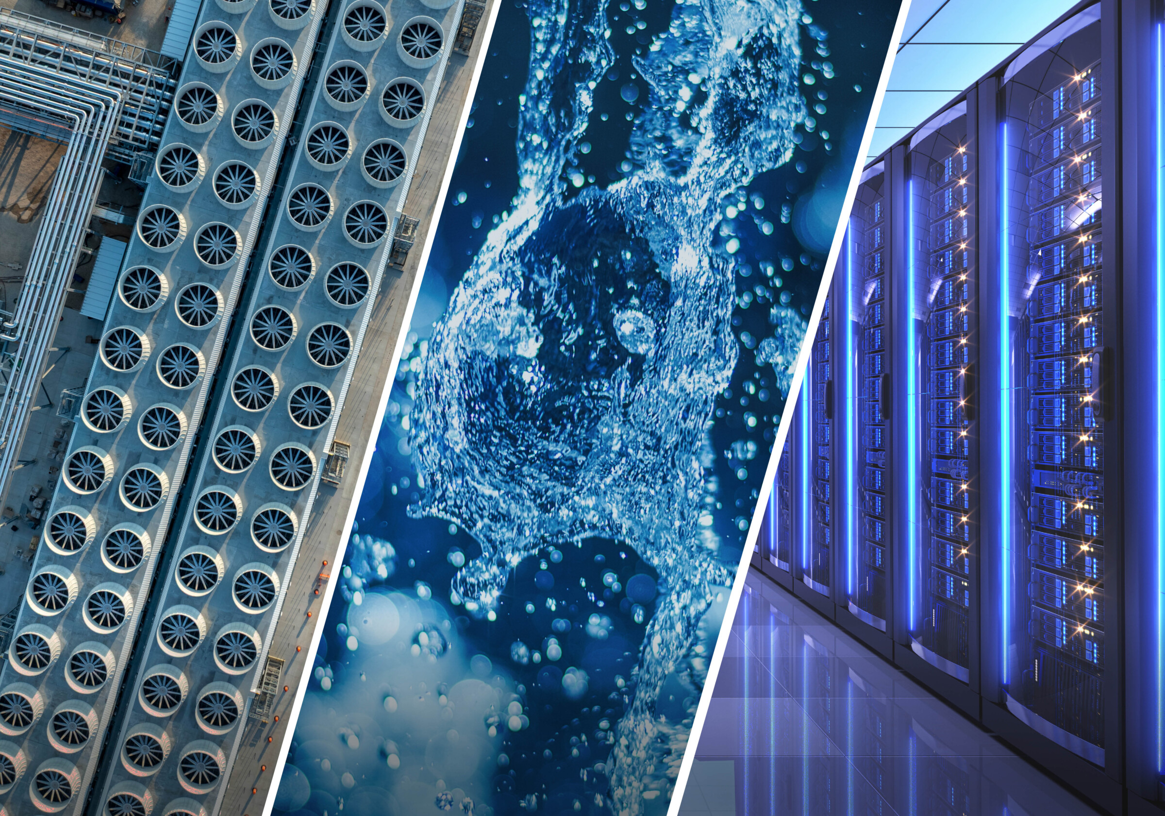 A customized graphic that shows three separated sections showing a roof with ventilation on top, a splash of water, and racks of servers.