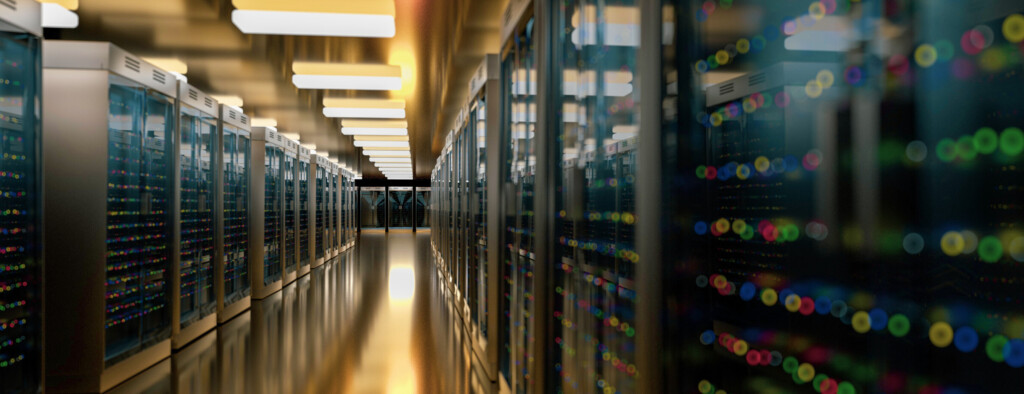 Server racks in server room cloud data center. Datacenter hardware cluster. Backup, hosting, mainframe, mining, farm and computer rack with storage information. 3D rendering. 3D illustration