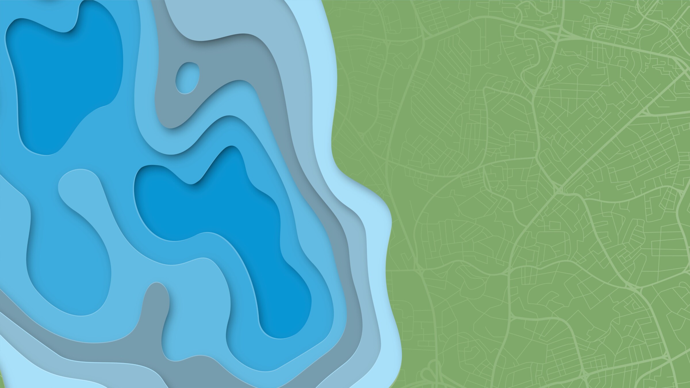 GIS Day graphic that shows a 2D view of a body of water next to a map only showing lines of roads and highways.