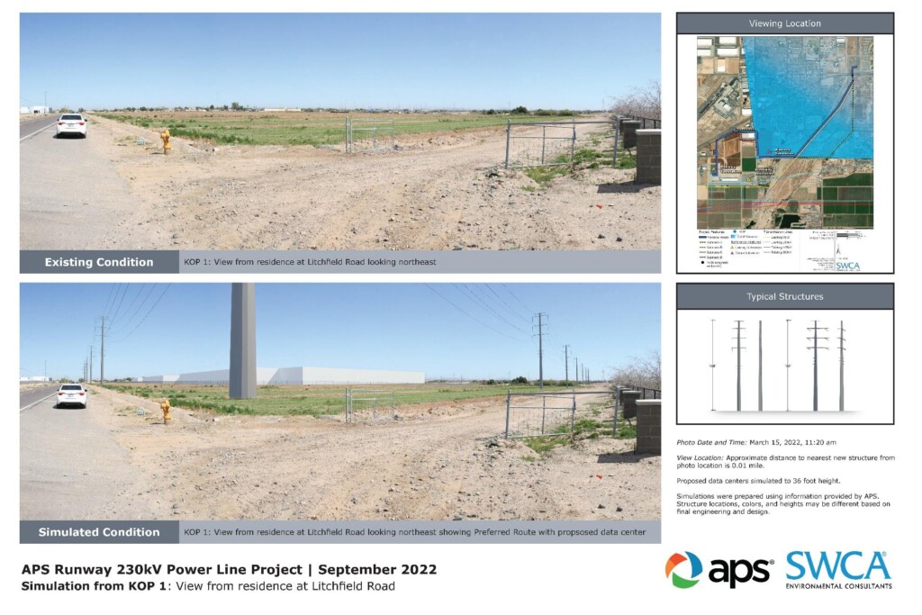 Exhibit G-7. Photosimulation of the Project along the Preferred Route from KOP 1, with the proposed Stream data center expansion modeled. The data center is within a field of grass with a road on the left and a fence and dirt road on the right.