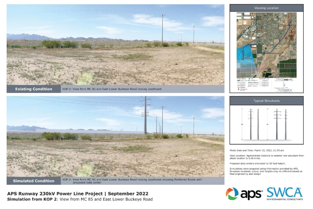 Exhibit G-9. Photosimulation of the Project along the Preferred Route from KOP 2, with the proposed Microsoft data center modeled. The center is in a field with a dirt road on the right side. Mountains are shown in the background.