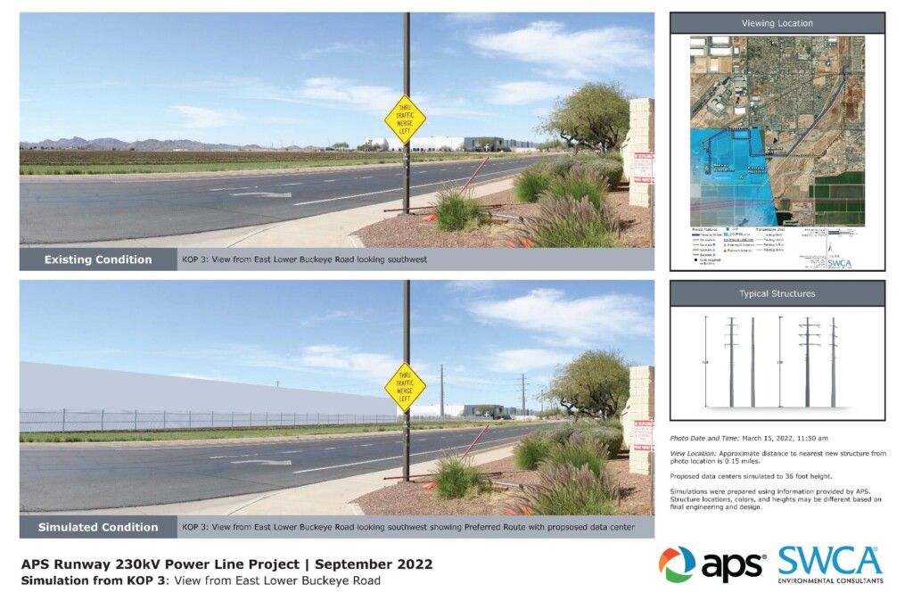 Exhibit G-11. Photosimulation of the Project along the Preferred Route from KOP 3, with the potential STACK Infrastructure data center modeled. The center is behind a fence with a paved road in front of it.