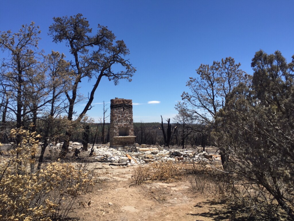 A brick structure standing on top of other debris and bricks in between an area that looks like it was recently burned by a wildfire.