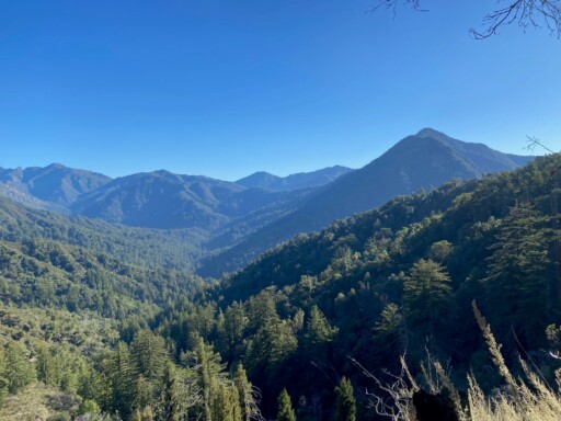 Mountains are seen in the background with trees and vegetation around the valleys.