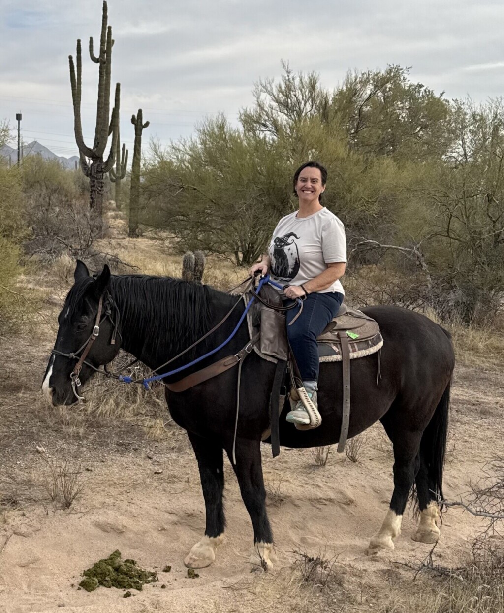 Lindsay Teunis riding on a horse with a cactus in the background