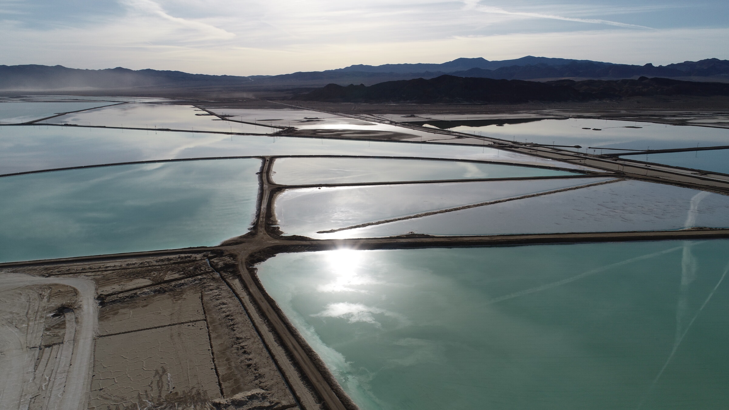 A top-down view of evaporation ponds.