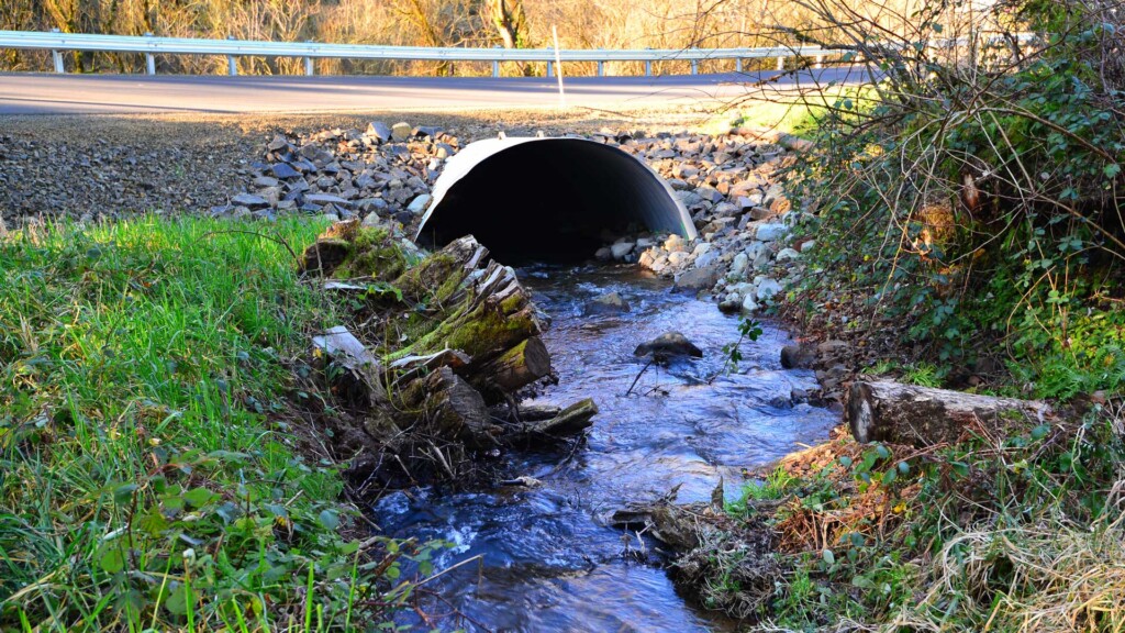 View looking downstream at new fish passage culvert installed in Mill Creek.