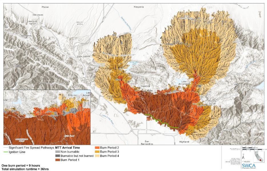 A model map showing wildfire modeled under extreme conditions near San Bernardino, California.