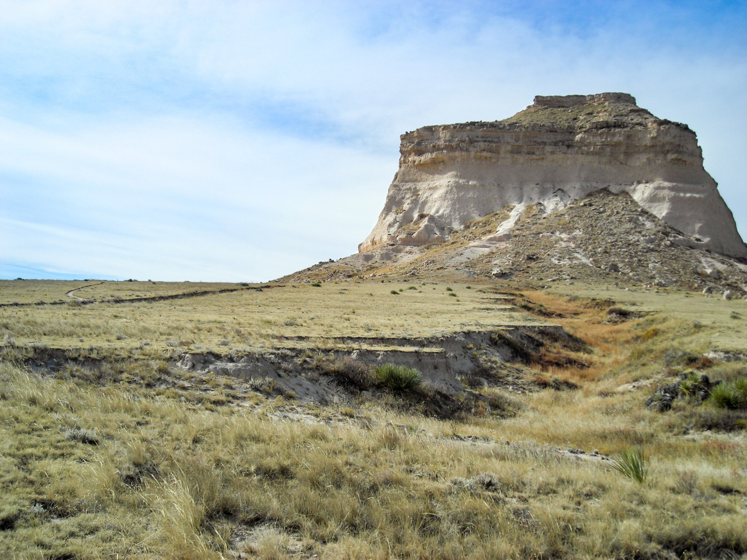 A large rock structure is shown within an open field of grass.