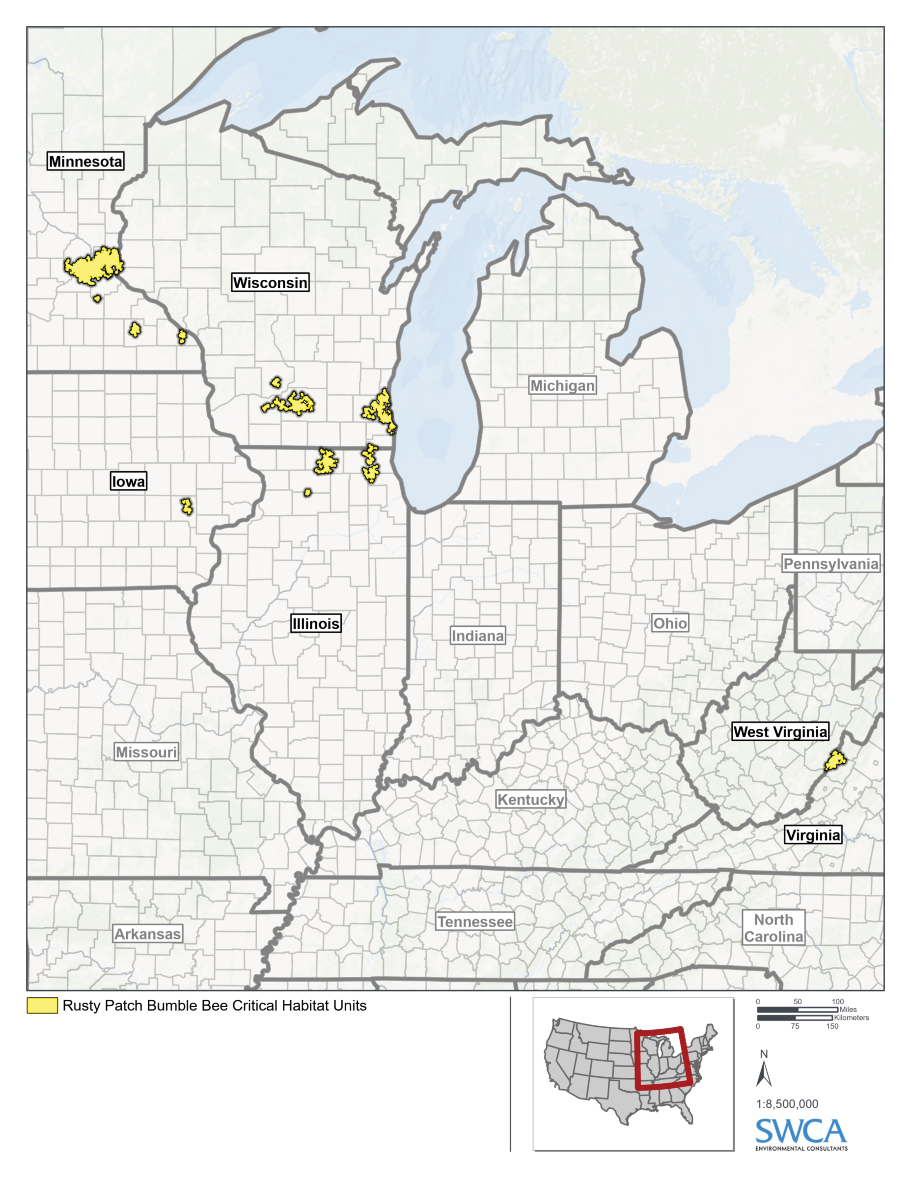 Map of the rusty patch bumble bee extent in the US, with areas highlighted yellow in Appalachia and the upper midwest.