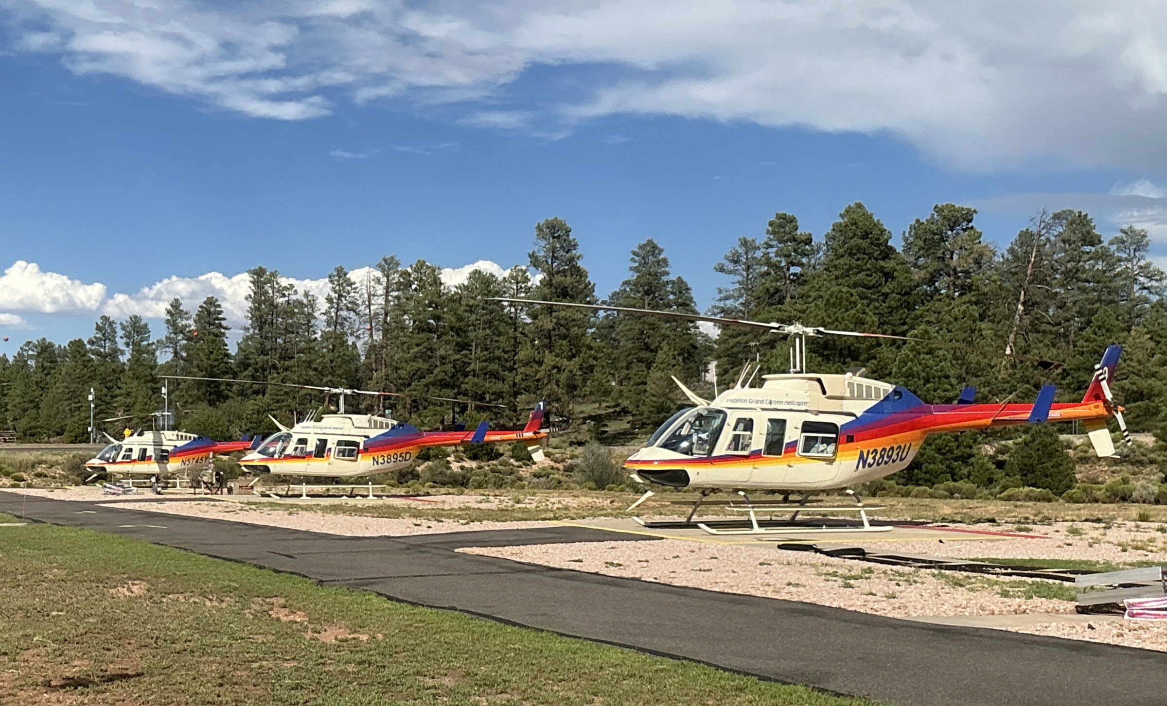 Three Grand Canyon National helicopters on a helipad with trees in the background.