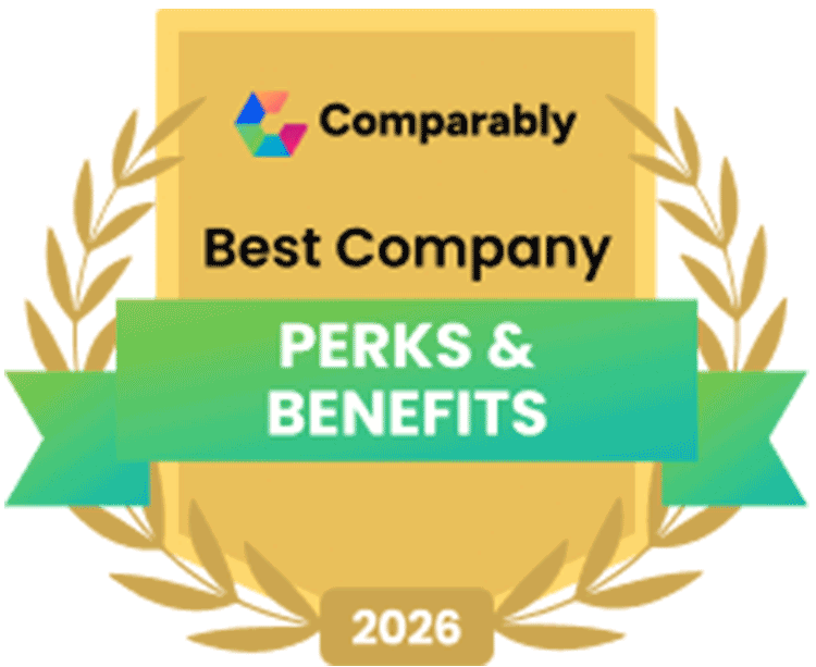 Comparably 2026 awards gif for best company outlook, best company for women, marketing team, leadership, Perks & Benefits, Happiness, work-life balance and best company for diversity.