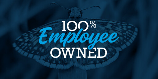 100% Employee Owned graphic of a butterfly with a blue hue background.